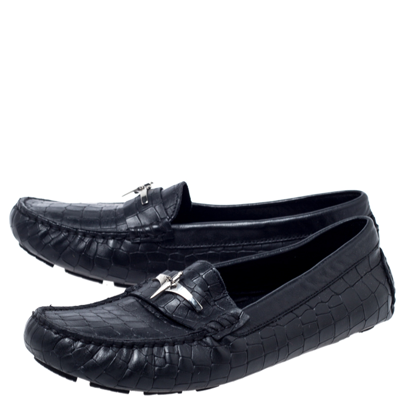 Pre-owned Cesare Paciotti Black Croc Embossed Leather Slip On Loafers Size 35
