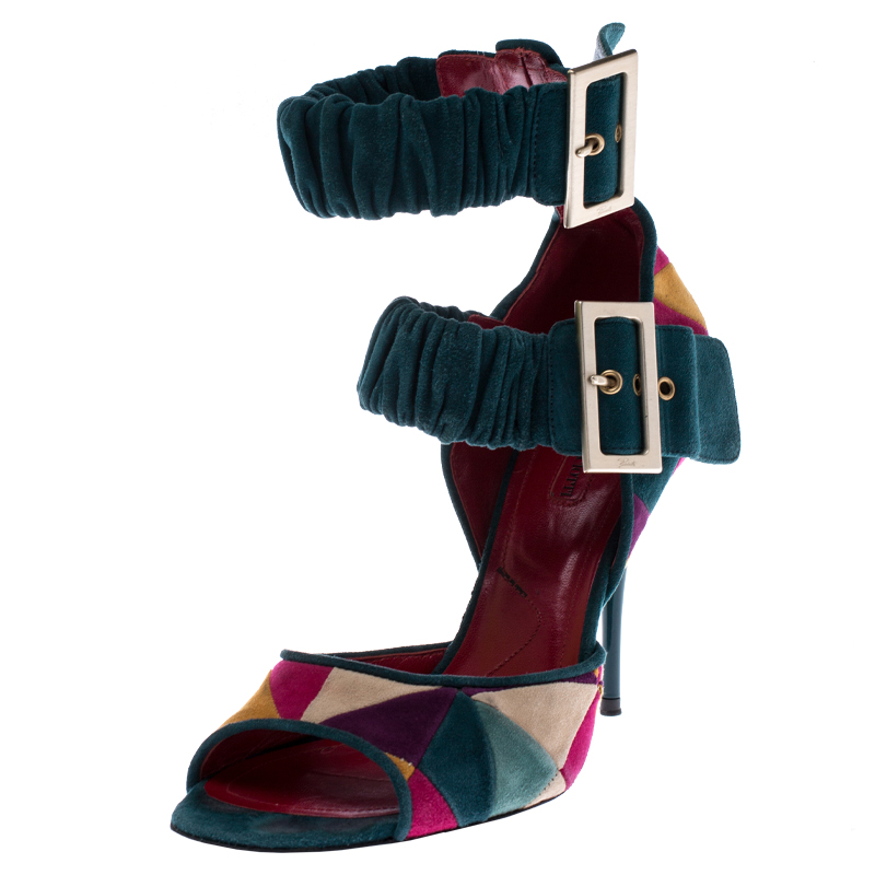 Pre Owned Cesare Paciotti Multicolor Suede Open Toe Double Ankle Strap Sandals Size 40