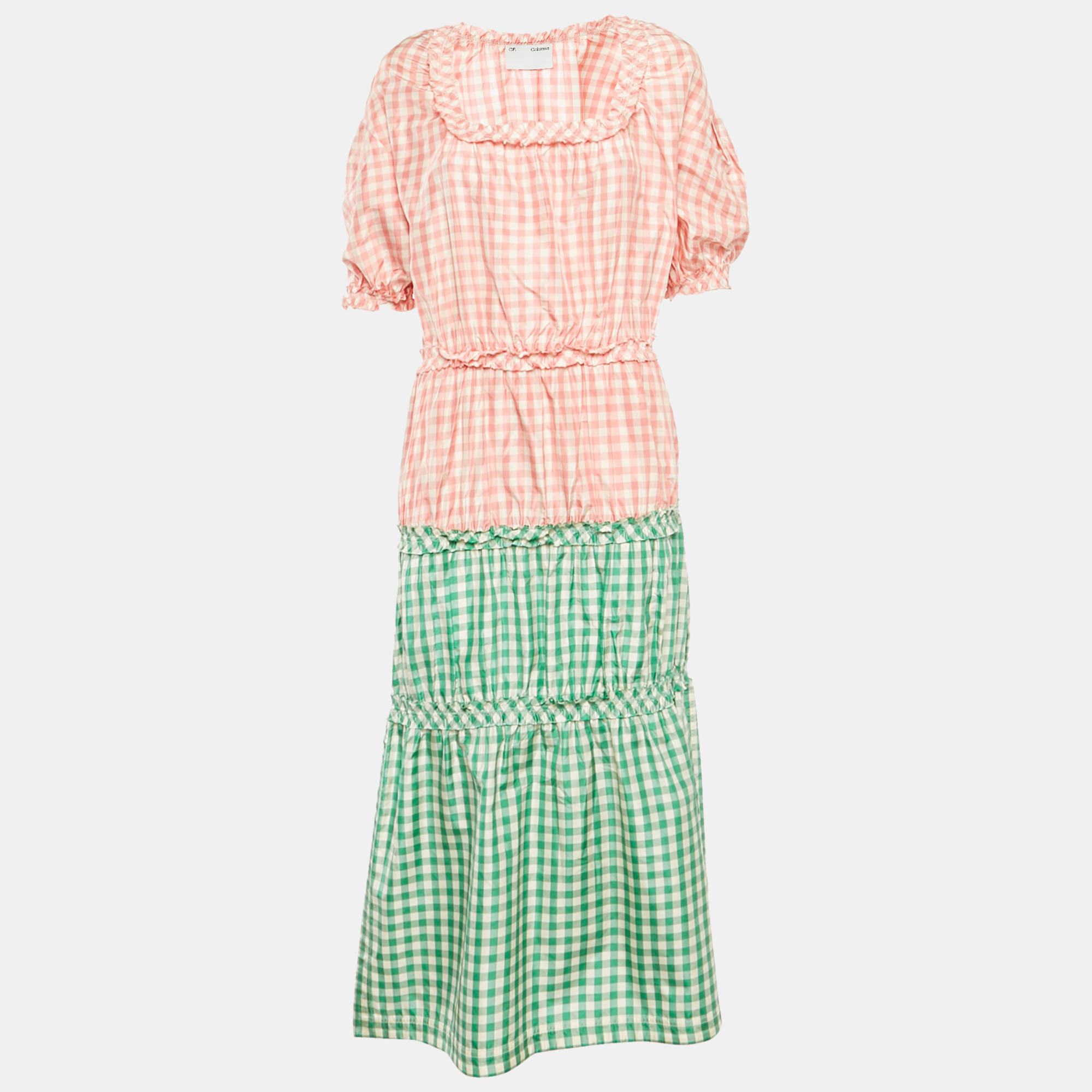 

CF. Goldman Pink/Green Checkered Silk Tiered Midi Dress S