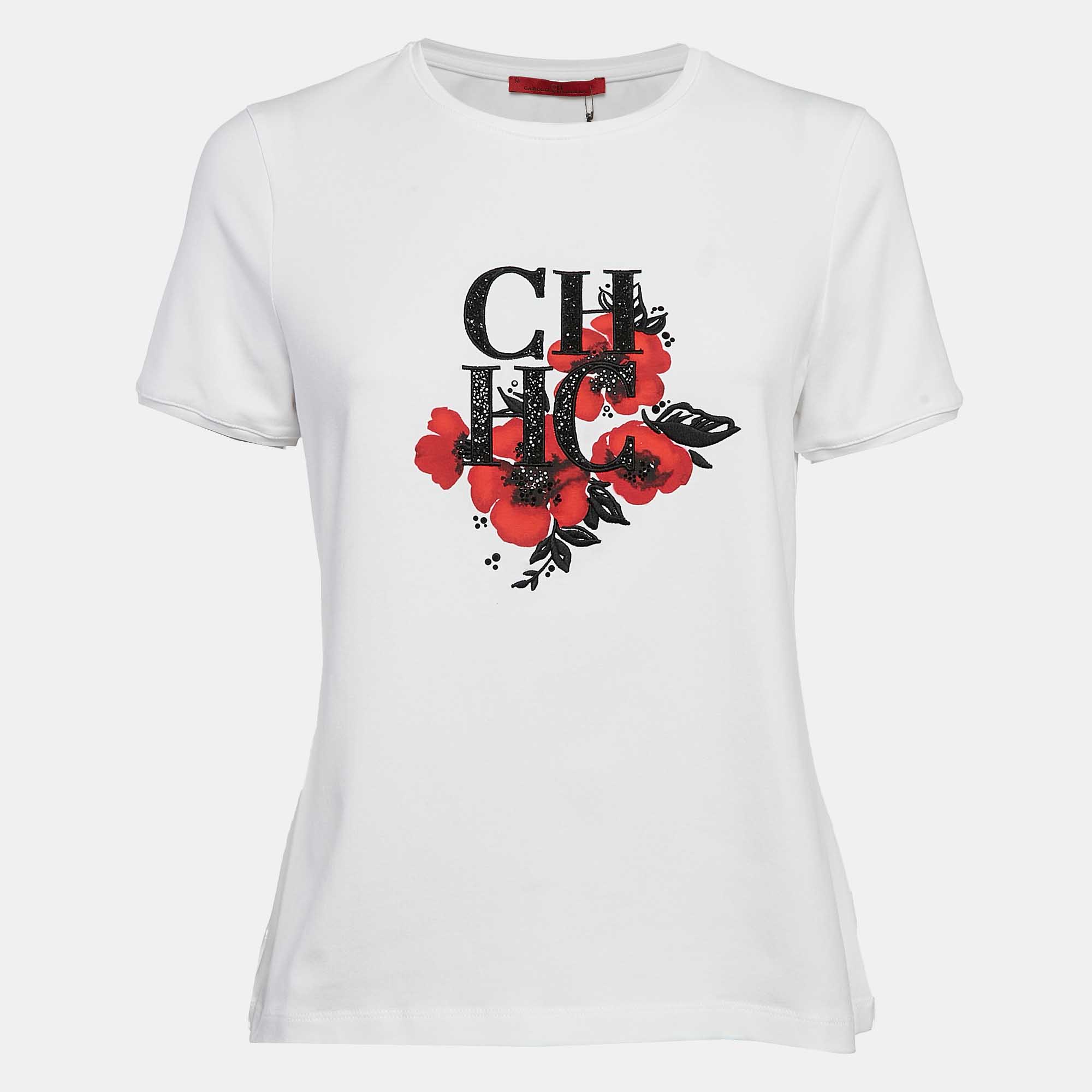 

CH Carolina Herrera White Logo Embellished Floral Print Jersey T-Shirt M