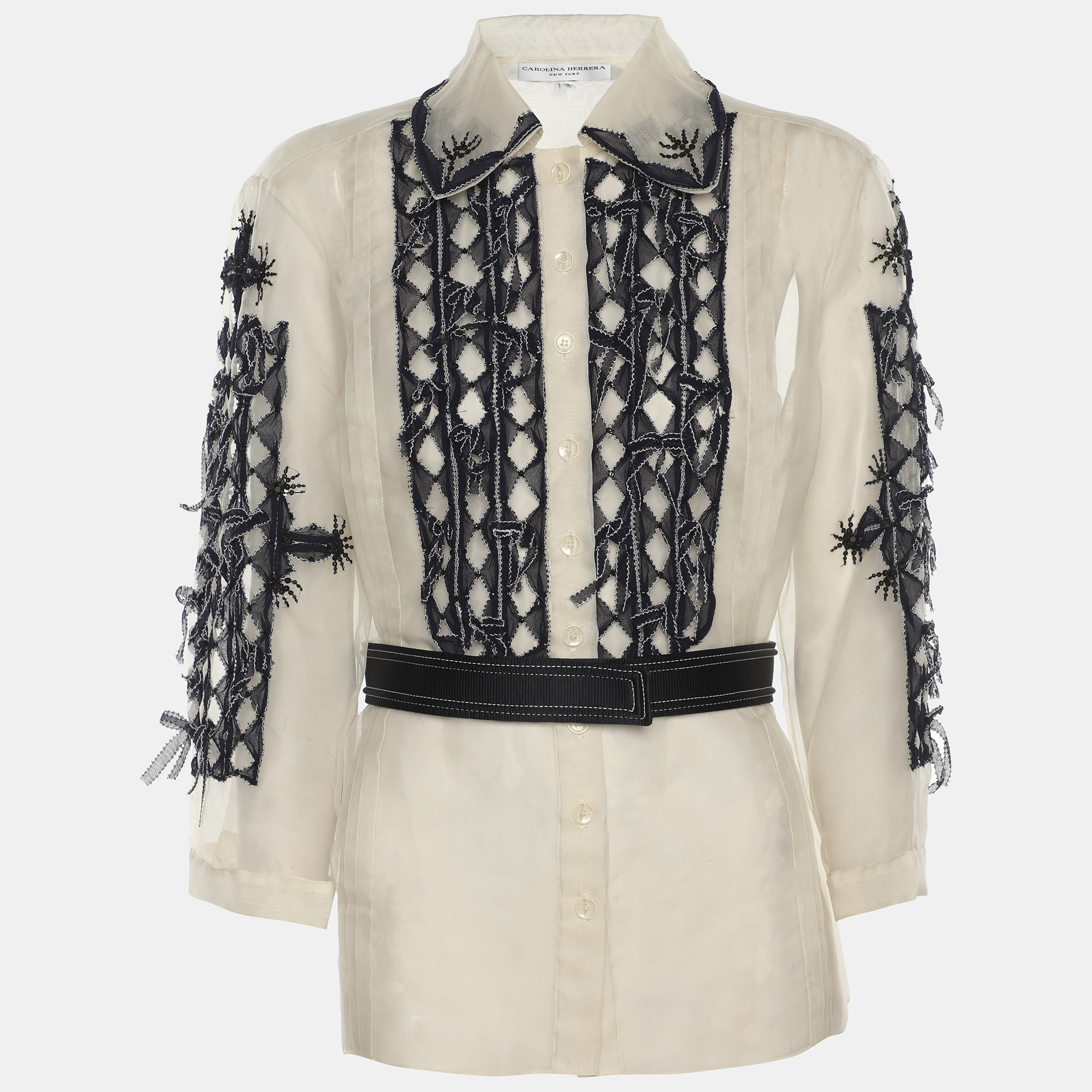 

CH Carolina Herrera Off-White/Blue Tulle Embroidered Tops L