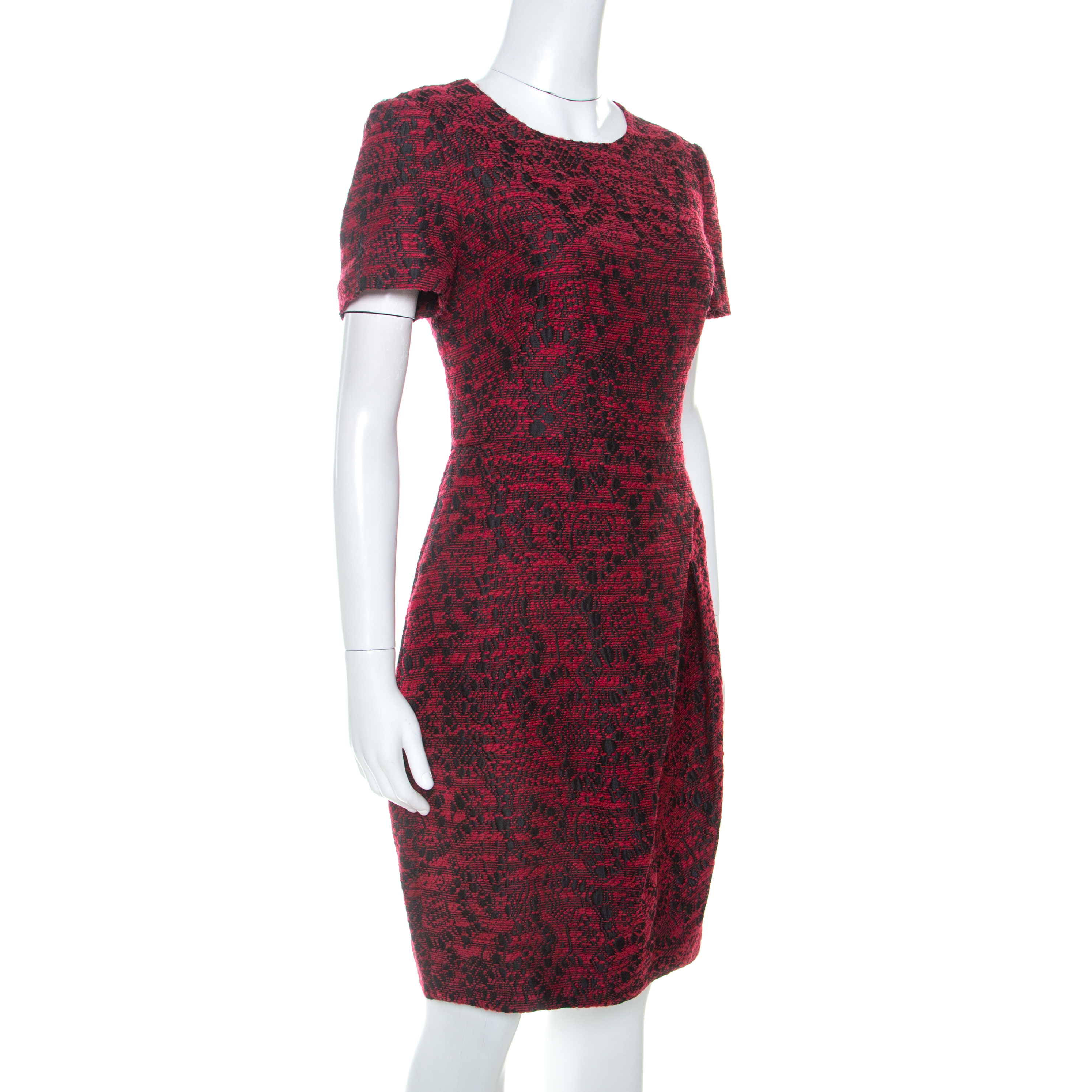 

CH Carolina Herrera Red Wool Blend Jacquard Pleat Detail Dress