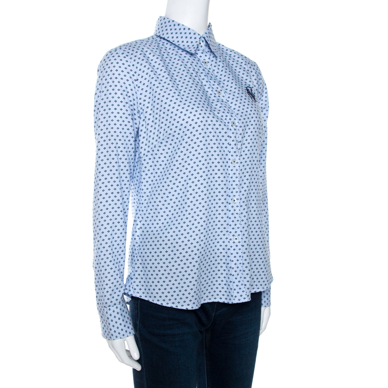 

CH Carolina Herrera Blue Striped Four Dot Print Cotton Shirt