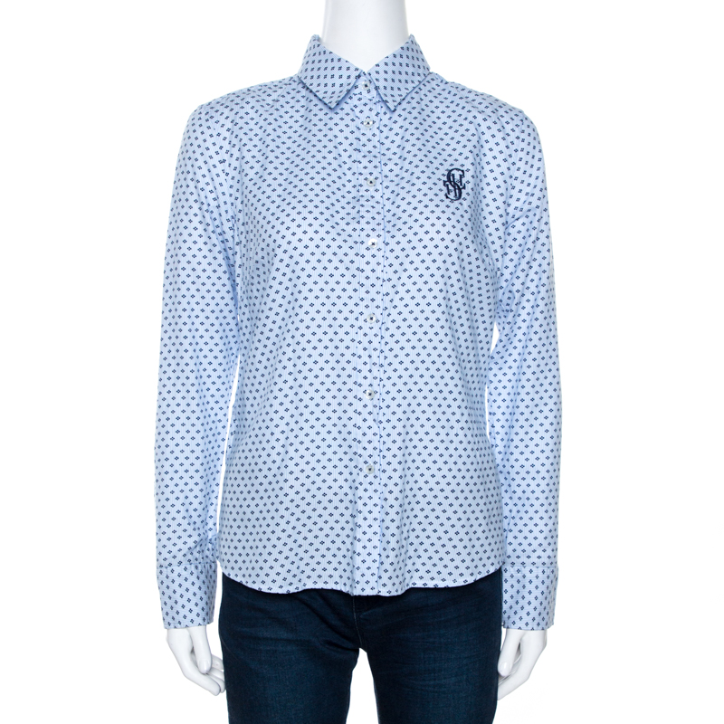Pre Owned CH Carolina Herrera Blue Striped Four Dot Print Cotton Shirt M