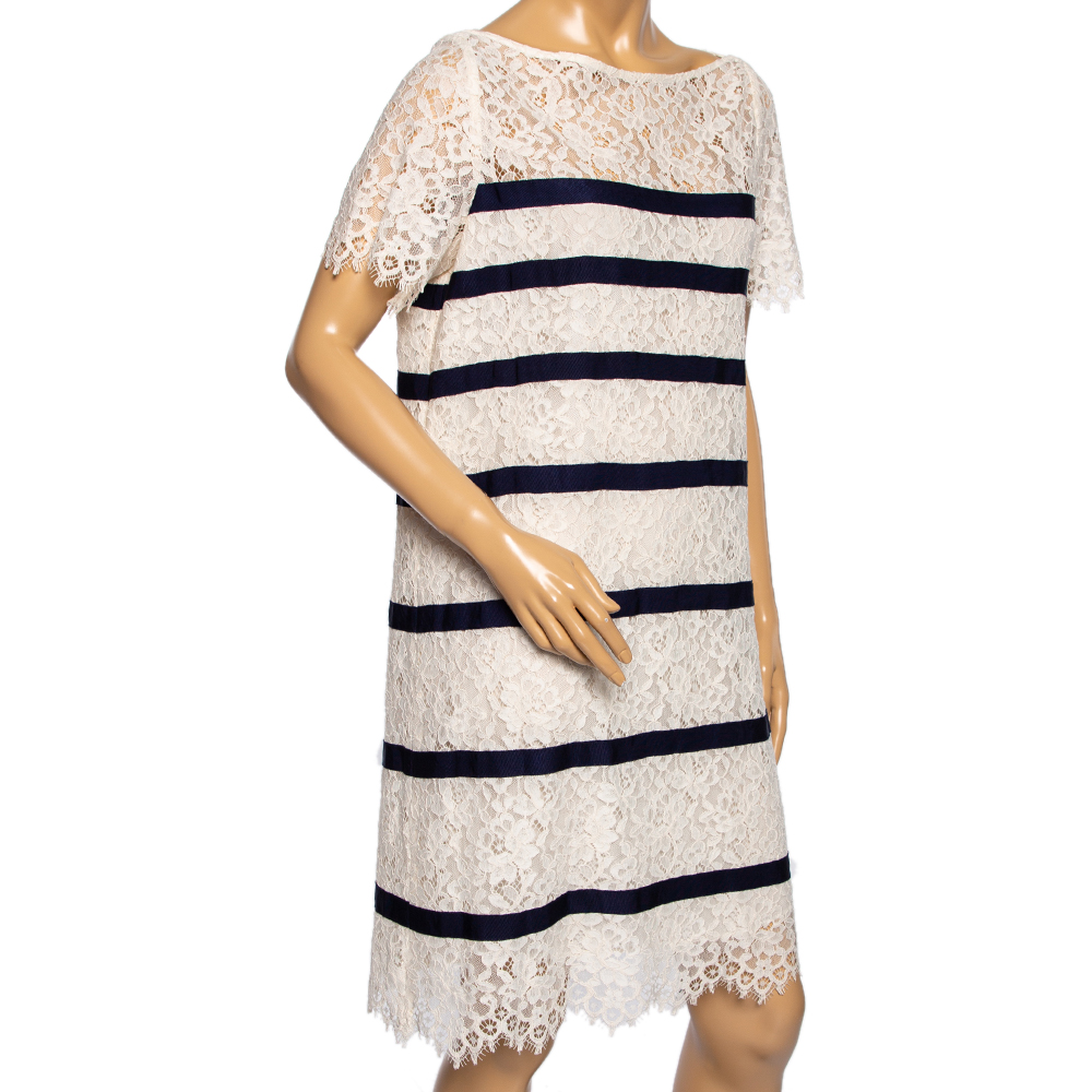 

CH Carolina Herrera White Lace Striped Detailed Short Dress