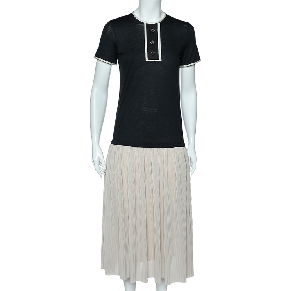 

CH Carolina Herrera Black & Beige Cotton & Silk Plisse Detail Midi Dress