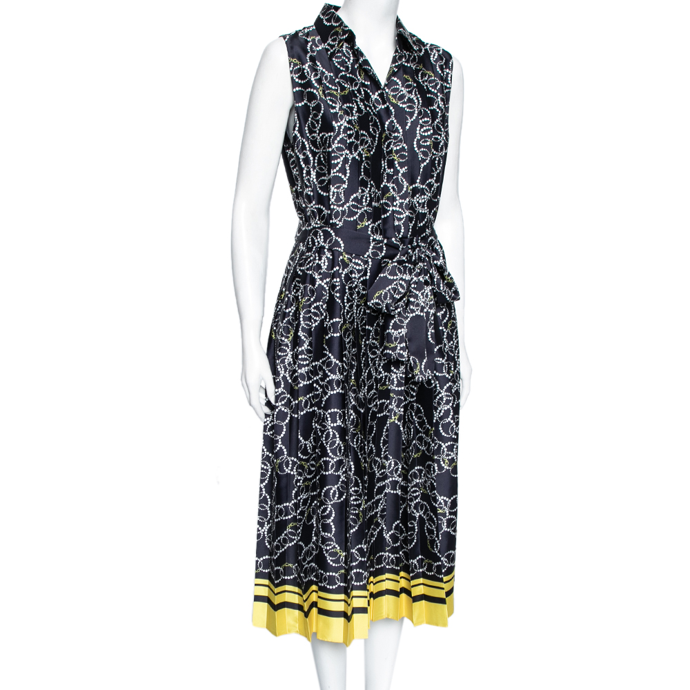 

CH Carolina Herrera Navy Blue Logo Printed Pleated Sateen Sleeveless Belted Midi Dress