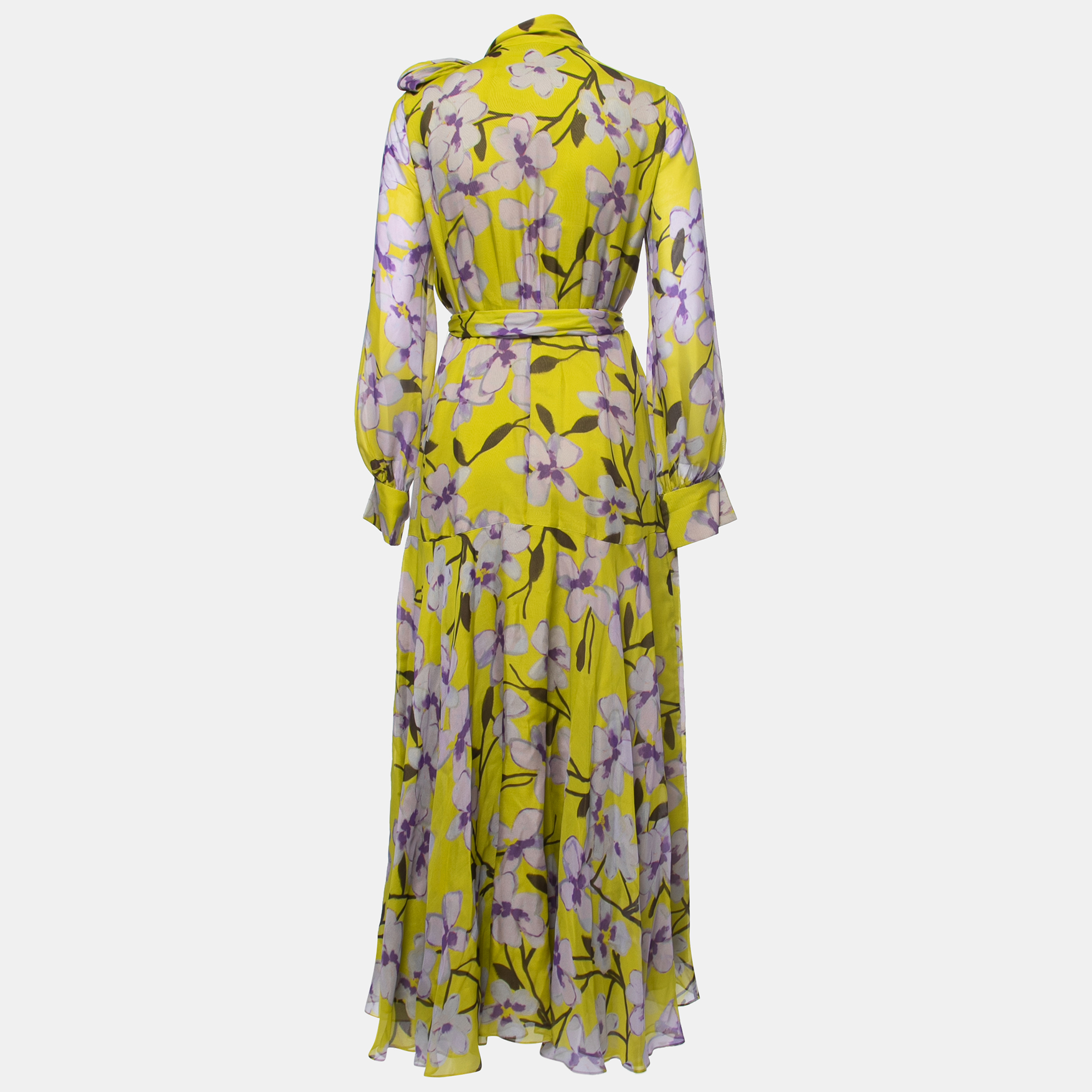 

CH Carolina Herrera Yellow Floral Printed Silk Belted Dress