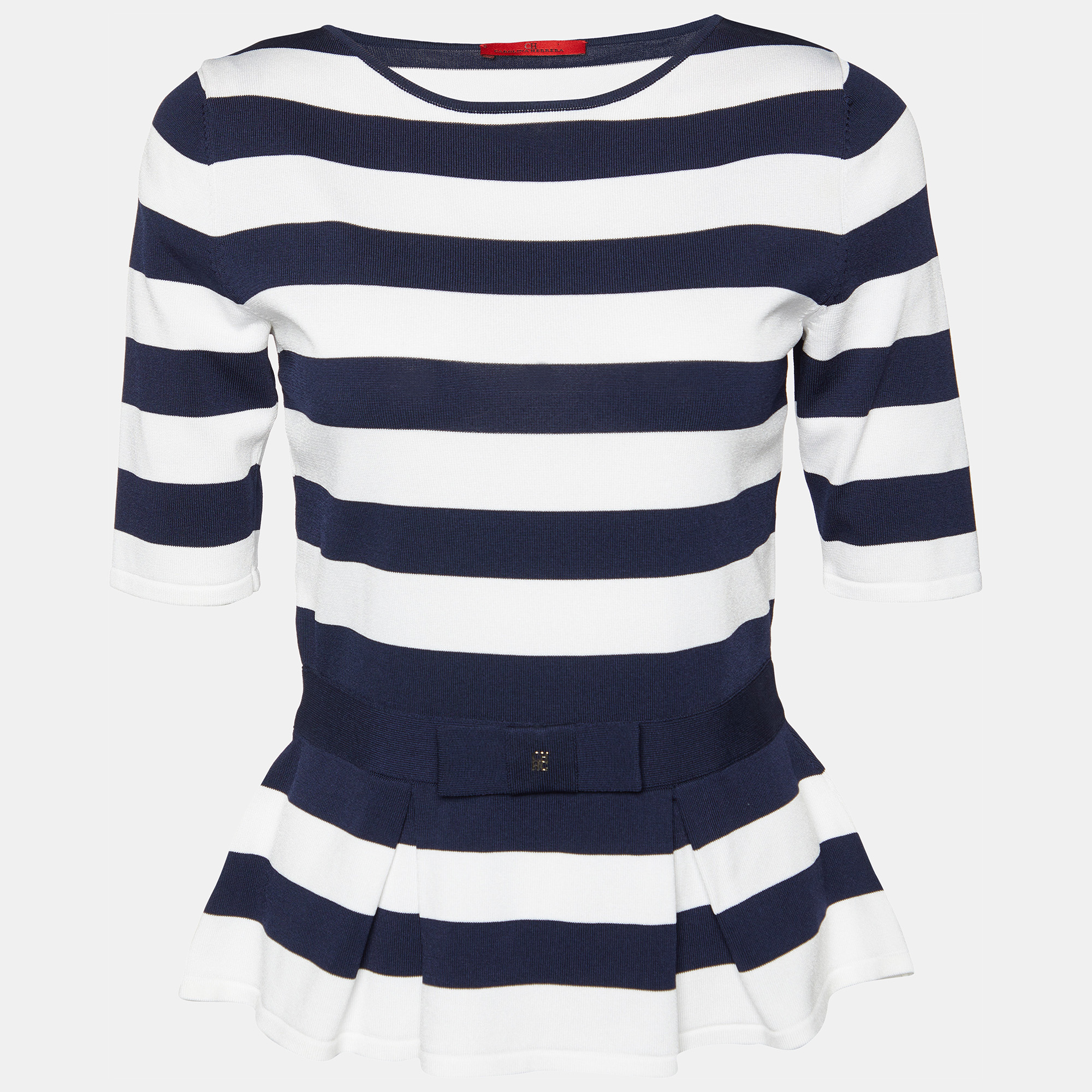 

CH Carolina Herrera Navy Blue/White Striped Knit Peplum Top