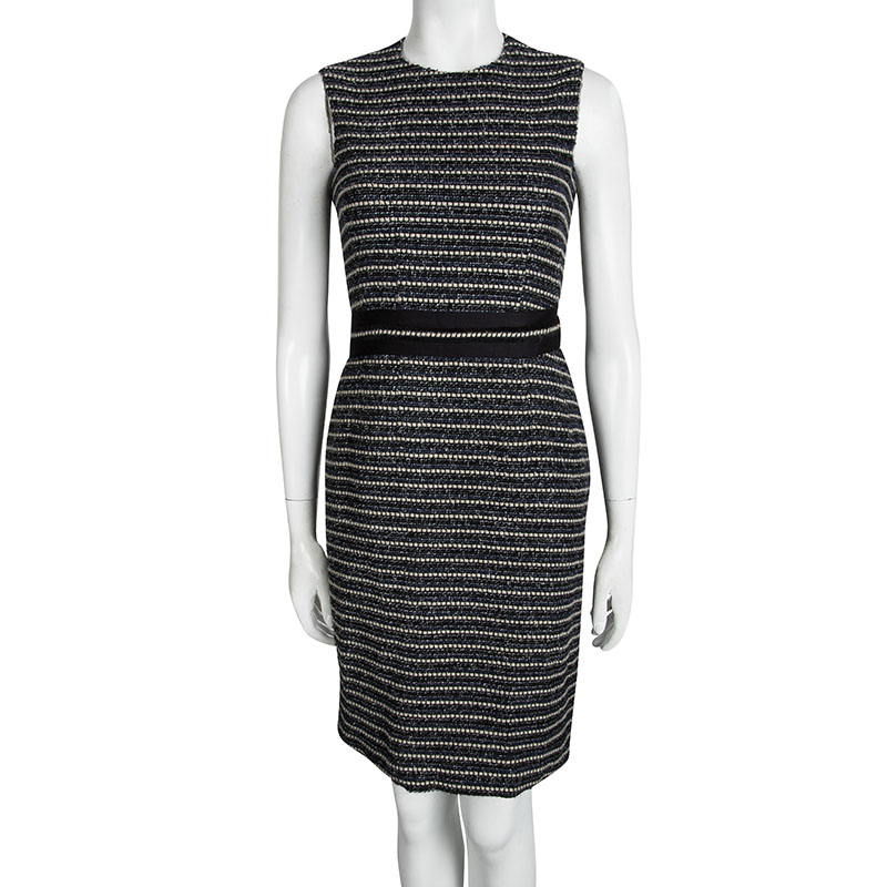 

CH Carolina Herrera Navy Blue Textured Sleeveless Belted Dress