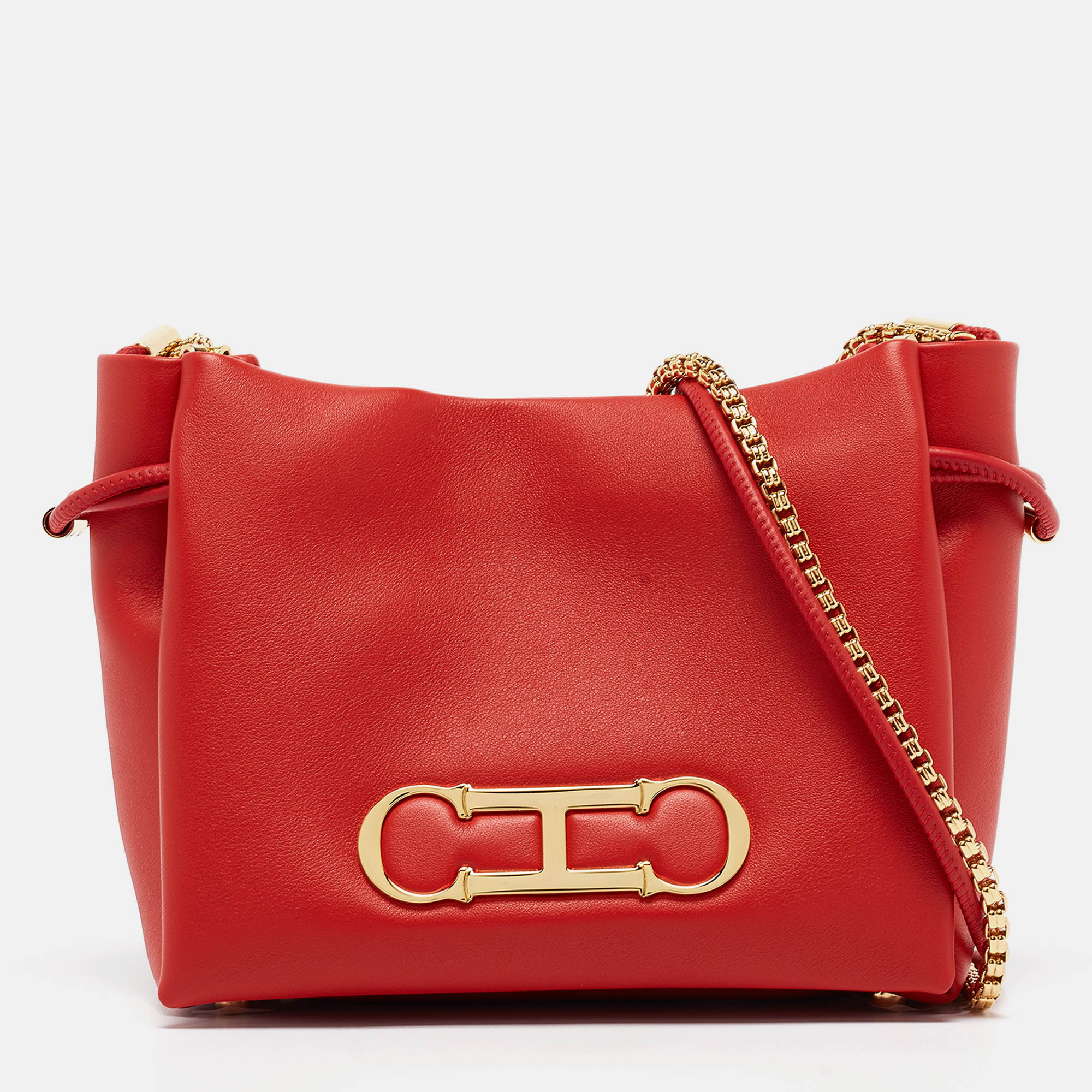 

CH Carolina Herrera Red Leather  Initials Insignia Soft Bucket Crossbody Bag