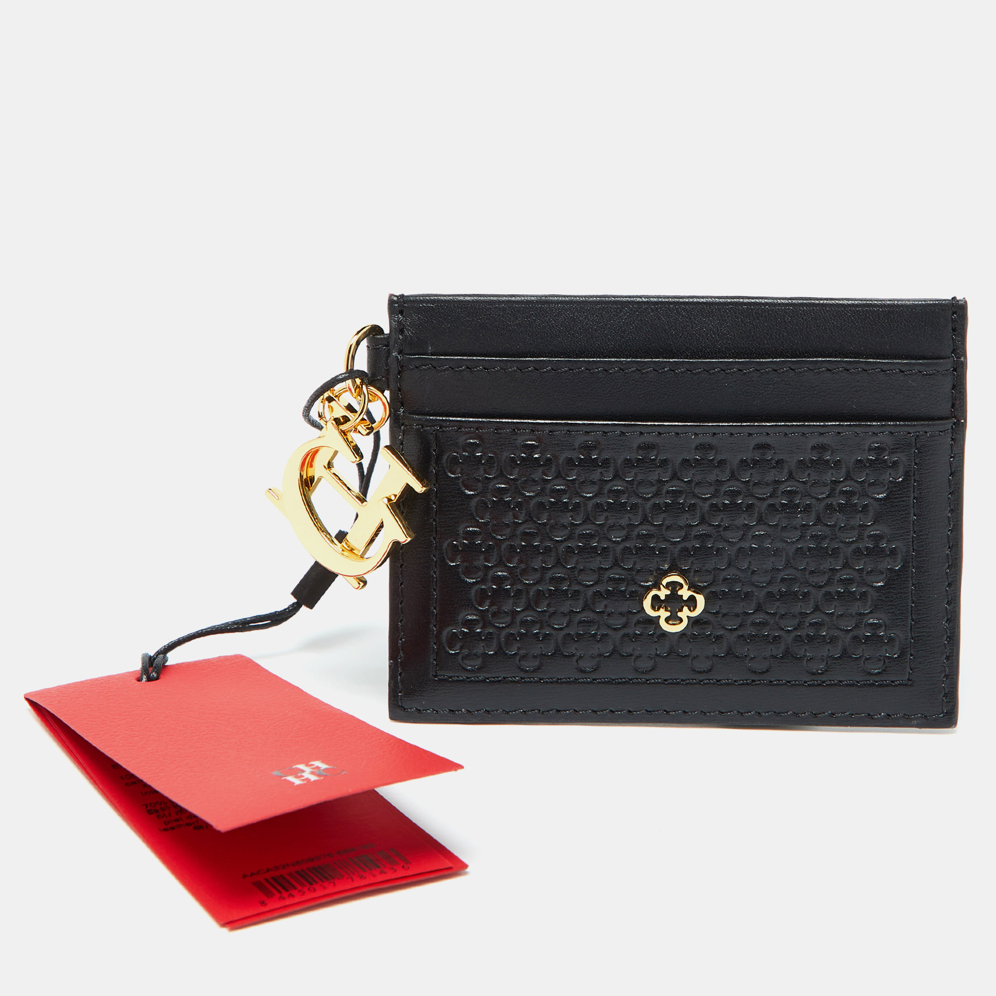 Pre-owned Ch Carolina Herrera Black Monogram Embossed Leather Card Holder