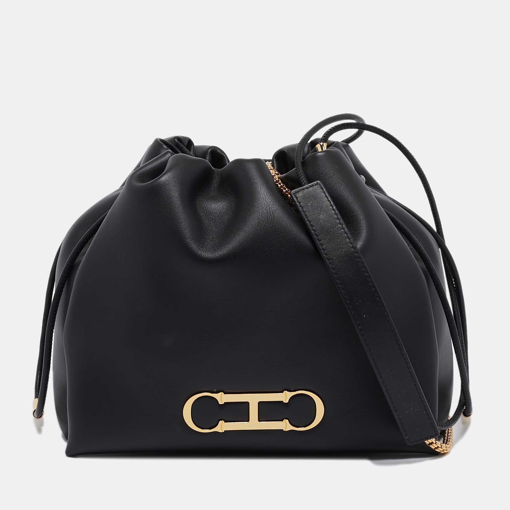 

CH Carolina Herrera Black Leather  Initials Insignia Soft Bucket Bag