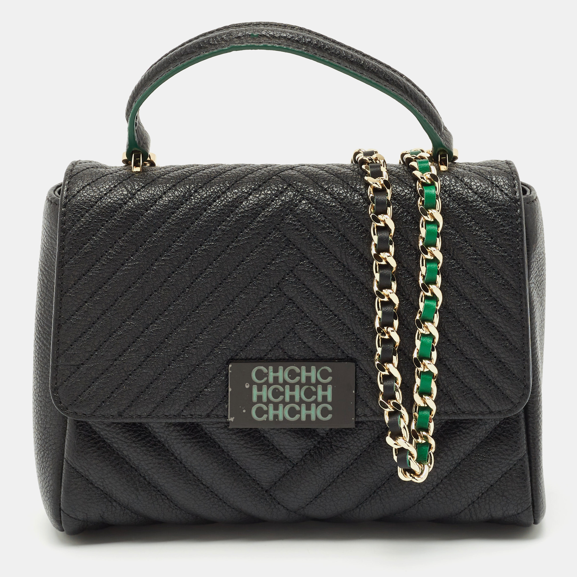 

CH Carolina Herrera Black/Green Chevron Leather Flap Top Handle Bag