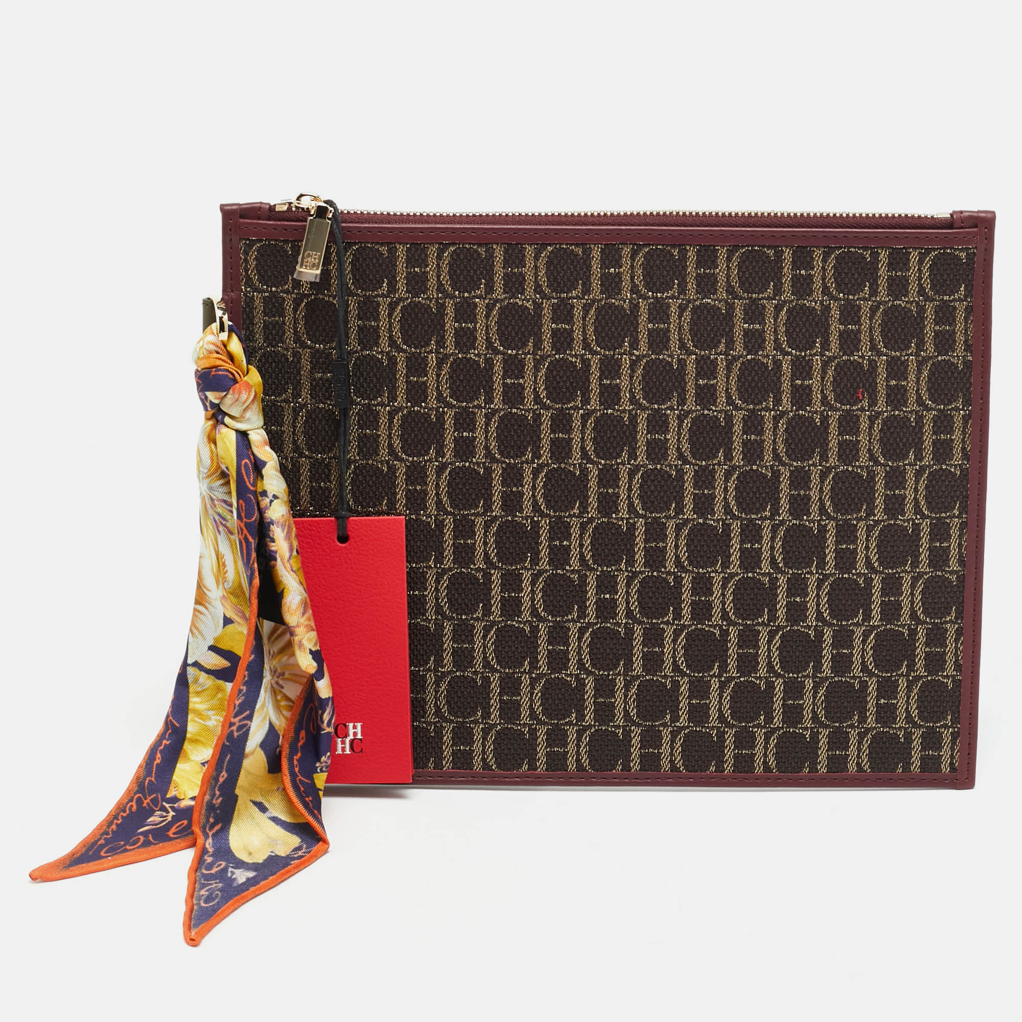 

CH Carolina Herrera Continental Brown/Burgundy Monogram Canvas and Leather Pouch