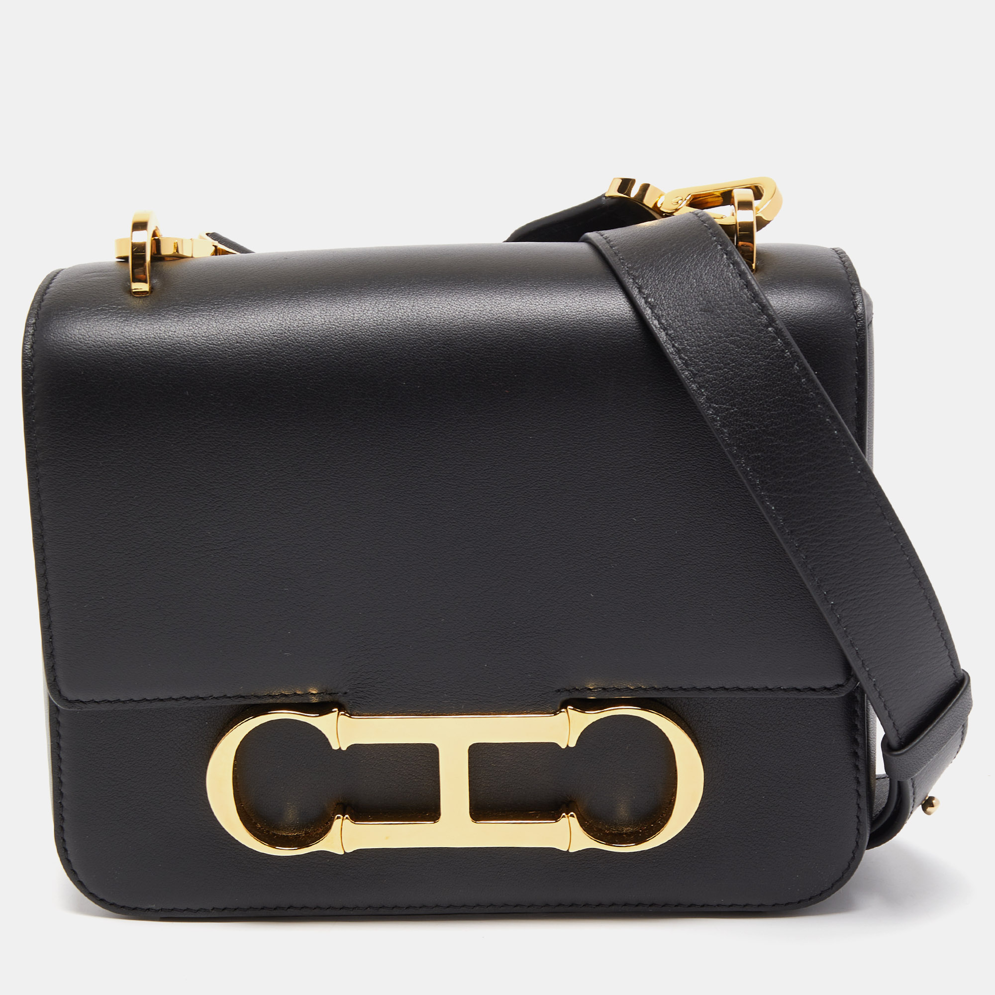CH Carolina Herrera Black Leather Medium Initials Insignia Shoulder Bag