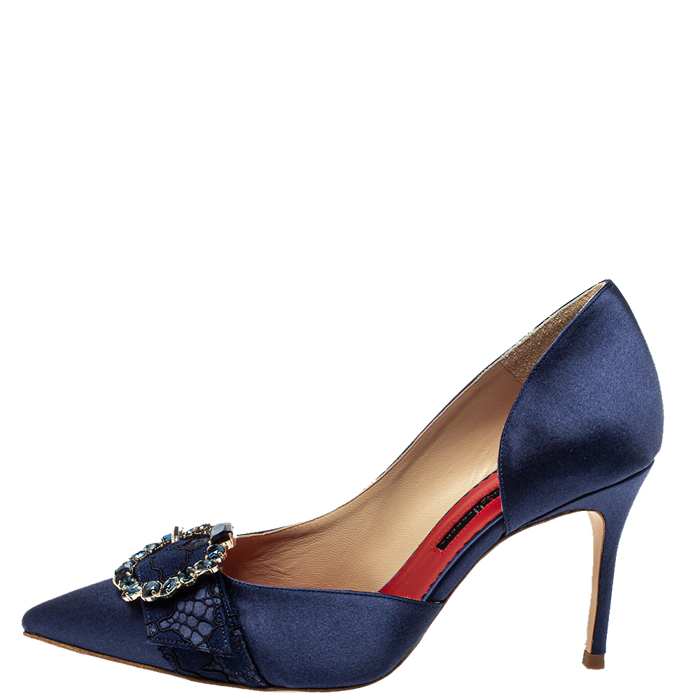

Carolina Herrera Blue Satin Embellished Buckle D'orsay Pumps Size