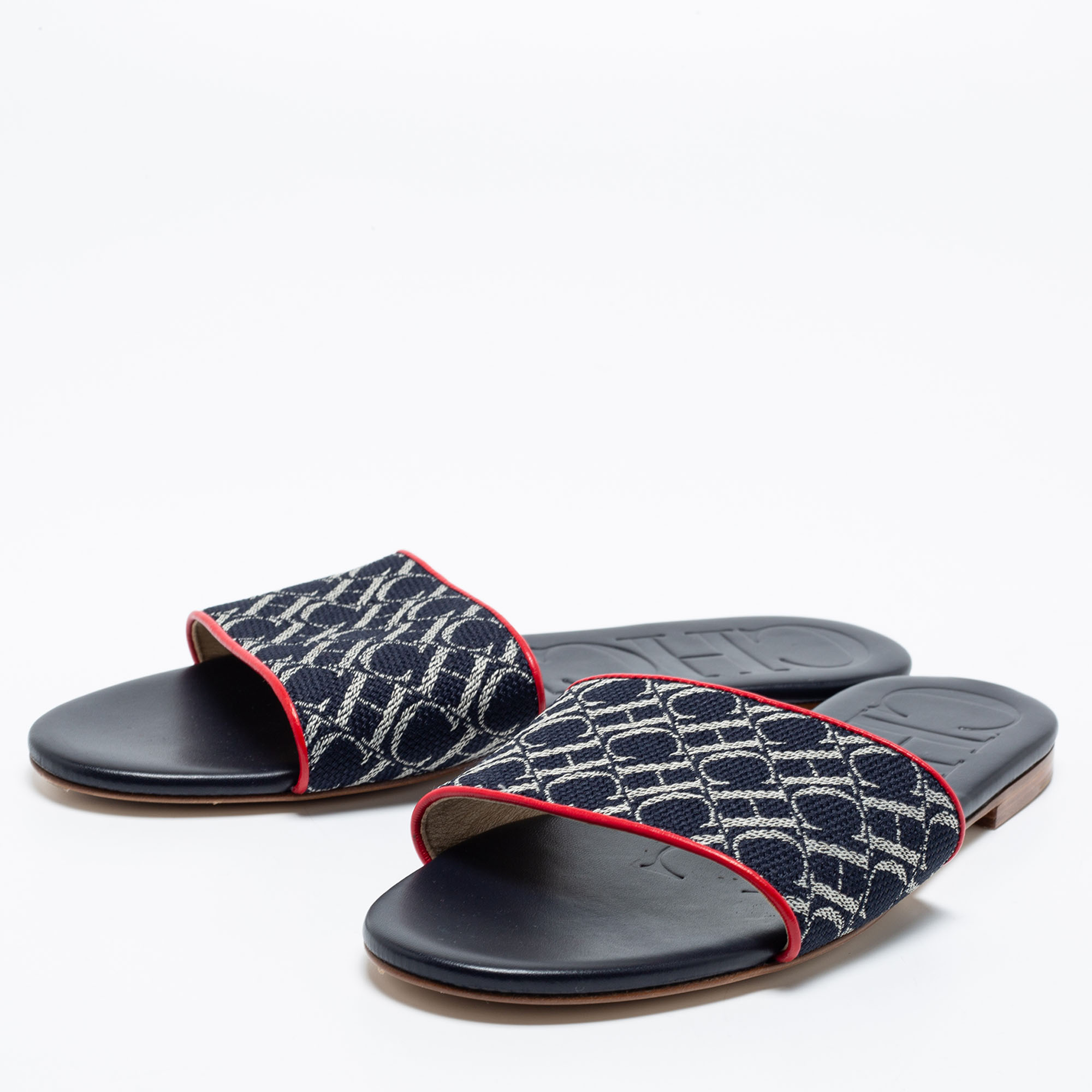 

CH Carolina Herrera Navy Blue Monogram Canvas Flat Slides Size