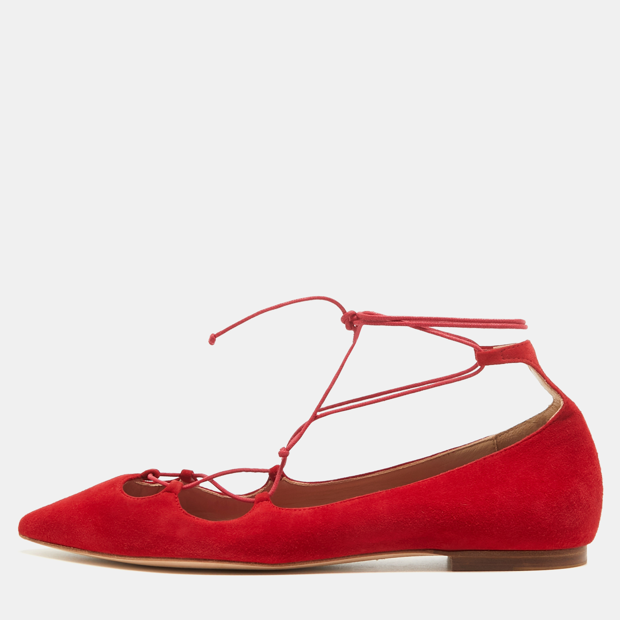 Pre-owned Ch Carolina Herrera Red Suede Lace Up Ballet Flats Size 40