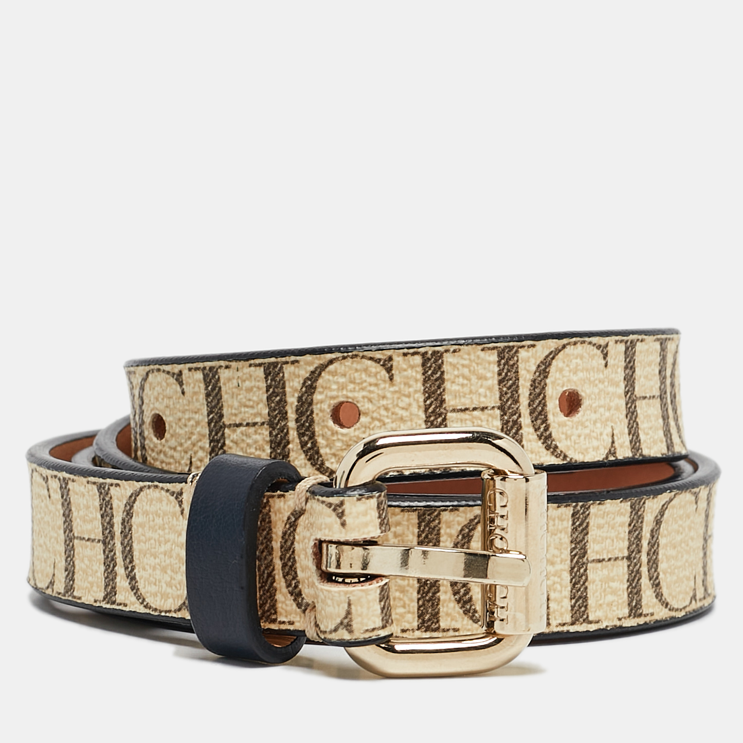 

CH Carolina Herrera Beige/Brown Monogram Coated Canvas Slim Belt