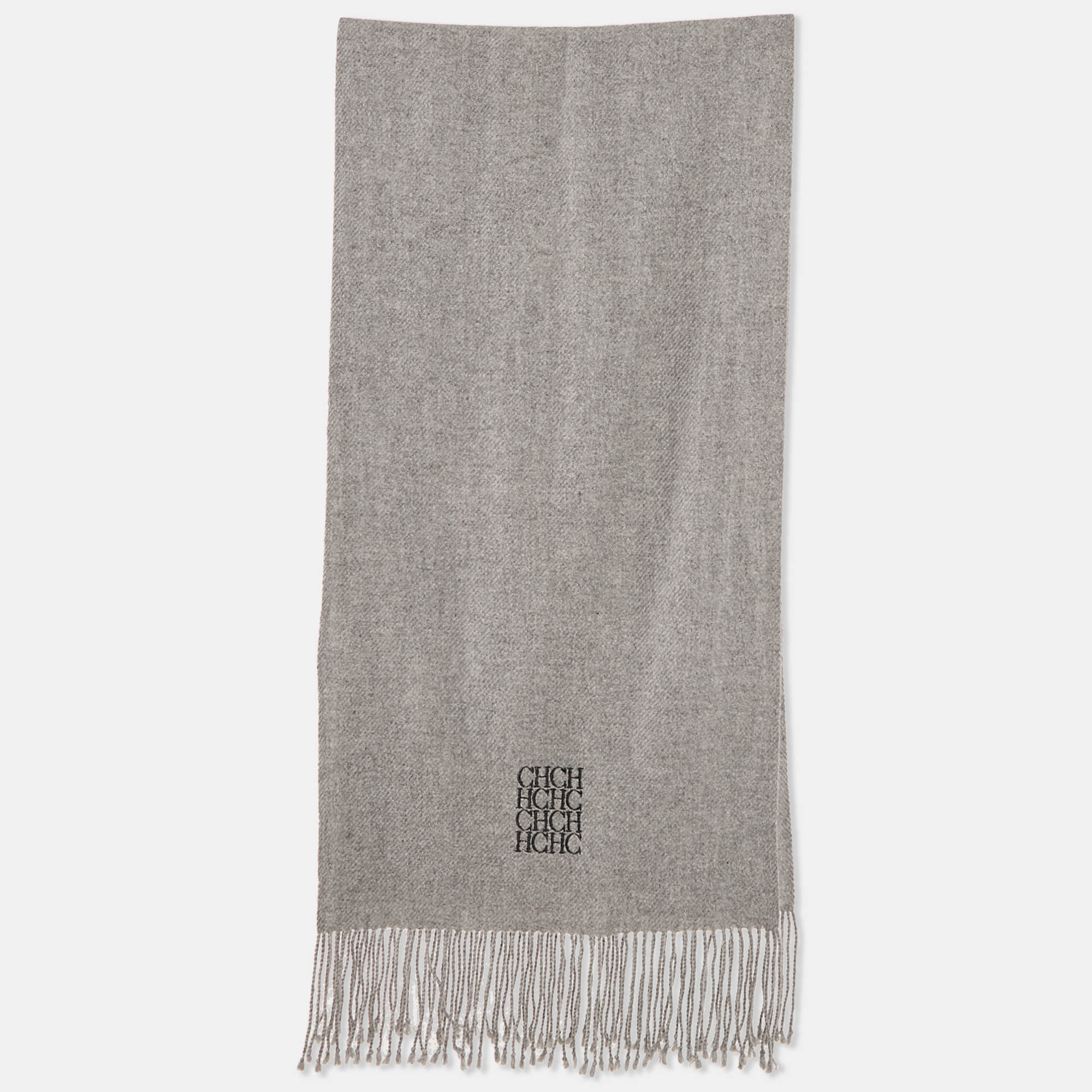 

CH Carolina Herrera Grey Logo Embroidery Cashmere Fringed Scarf