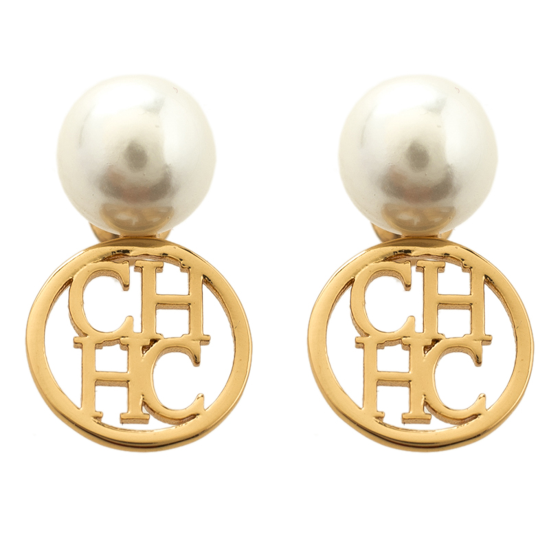 Carolina Herrera CH Faux Pearl Gold Tone Stud Earrings