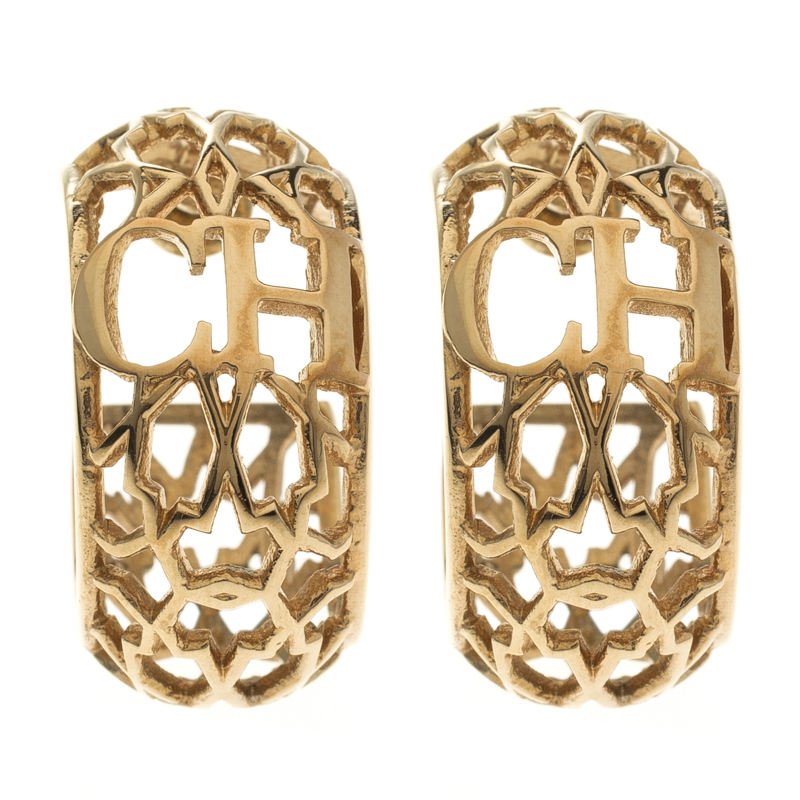 Pre Owned Carolina Herrera CH Open Cut Work Gold Tone Hoop Earrings