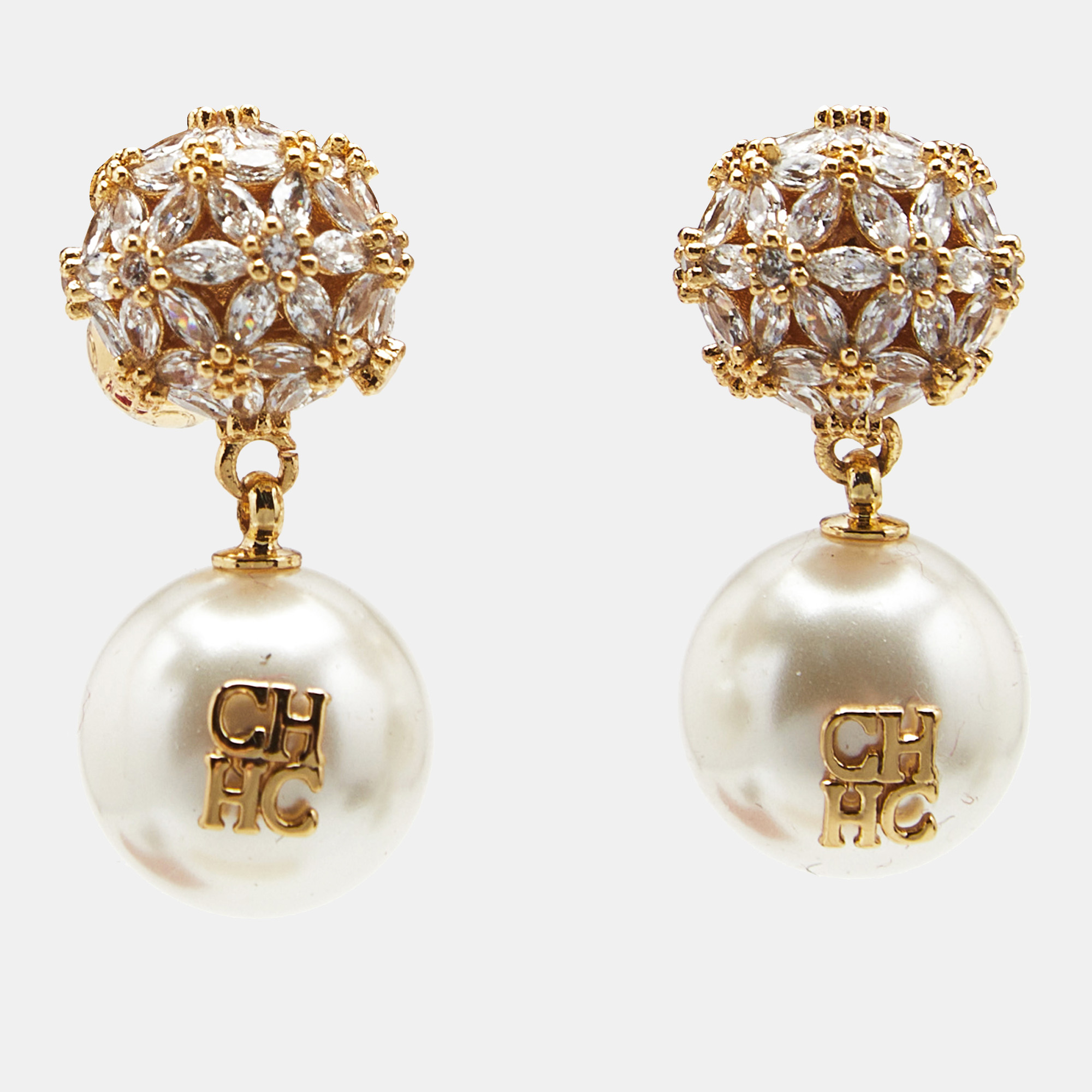 

Carolina Herrera CH Crystals Faux Pearl Gold Tone Earrings
