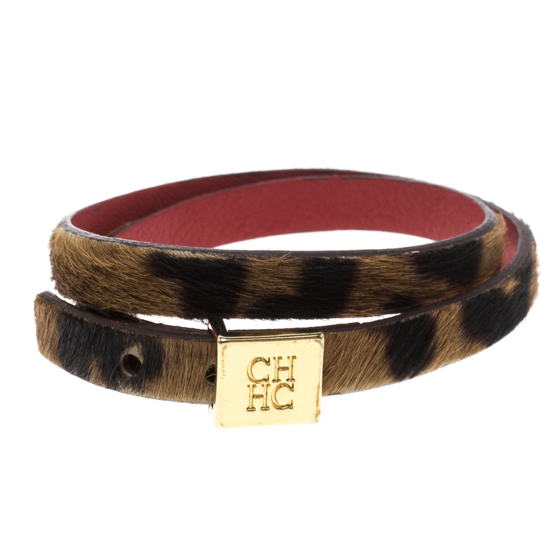 CH Carolina Herrera Leopard Print Leather Gold Tone Double Wrap Bracelet