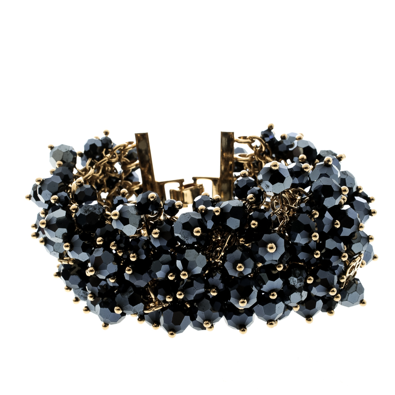 Pre Owned CH Carolina Herrera Metallic Beads Gold Tone Wide Bracelet 17cm