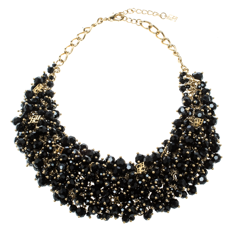 Pre Owned CH Carolina Herrera Black Beads Gold Tone Statement Necklace