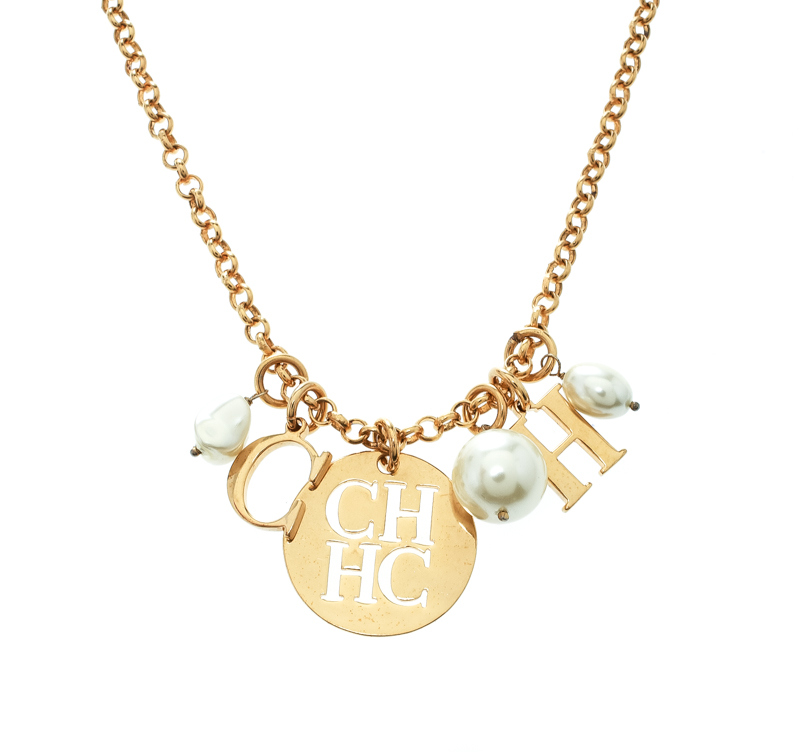 CH Carolina Herrara Faux Pearl Gold Tone Moving Charm Long Necklace