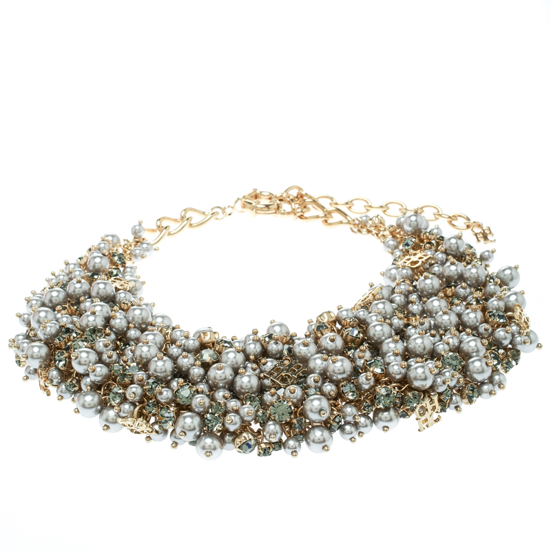 

CH Carolina Herrera Grey Faux Pearl & Crystal Gold Tone Statement Necklace