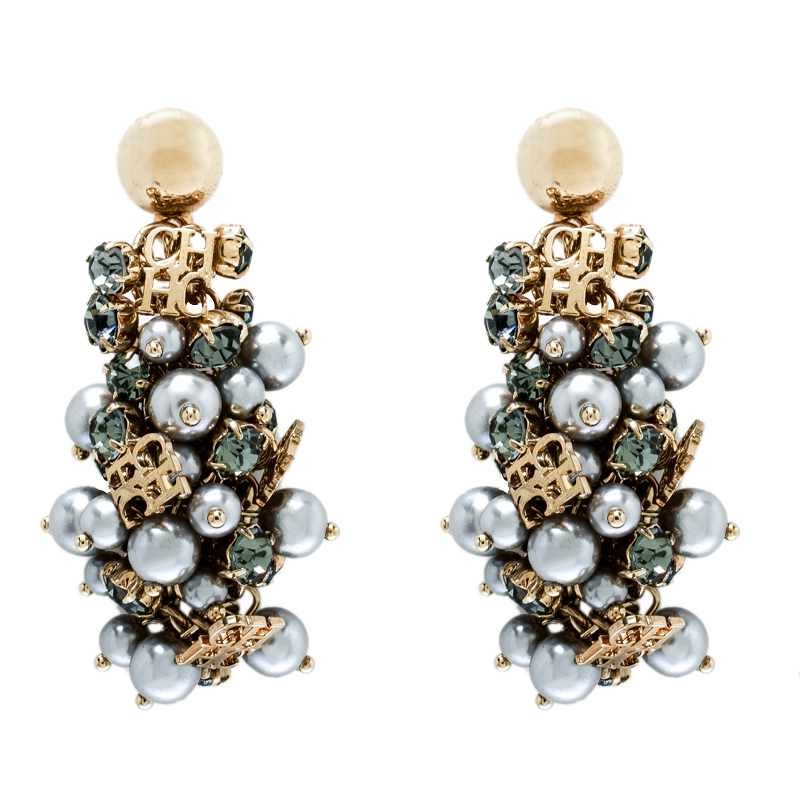 Pre Owned CH Carolina Herrera Grey Faux Pearl & Crystal Gold Tone Statement Dangle Earrings