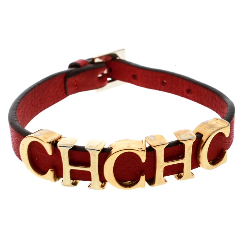 Pre Owned CH Carolina Herrera Red Leather Gold Tone Logo Charm Bracelet