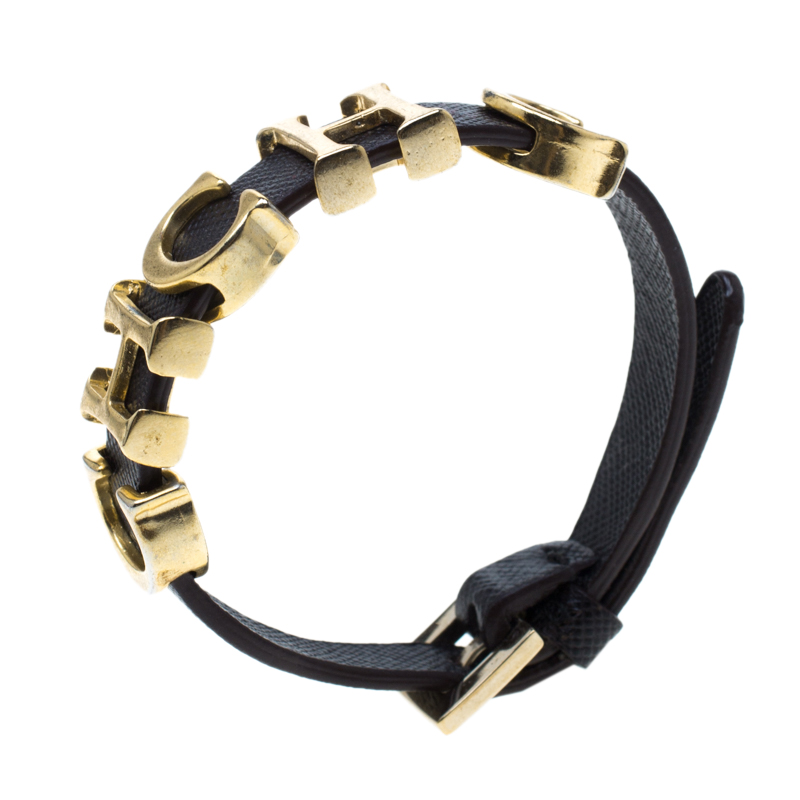 

CH Carolina Herrera Brown Leather Gold Tone Logo Charm Bracelet