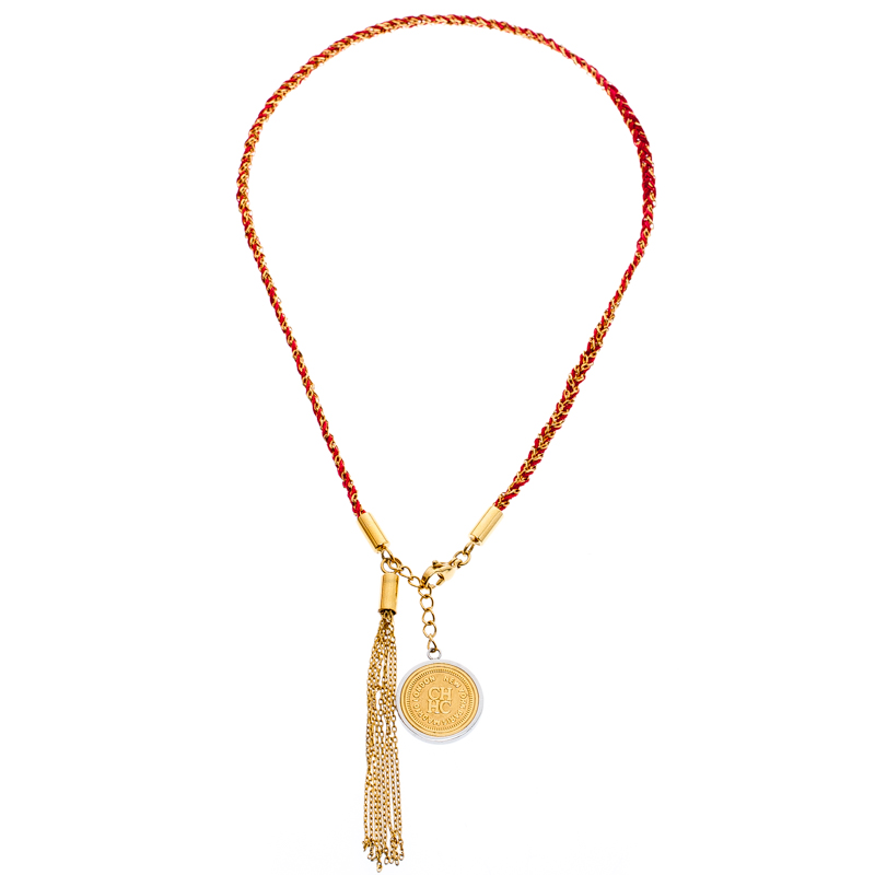 

Carolina Herrera Gold Tone Braided Medallion Pendant Tassle Necklace, Red