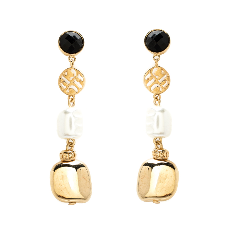 Pre Owned CH Carolina Herrera Crystal Faux Pearl Gold Tone Dangle Earrings