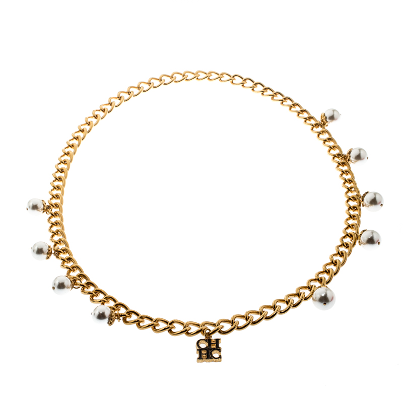 

CH Carolina Herrera Faux Pearl Gold Tone Long Chain Link Necklace