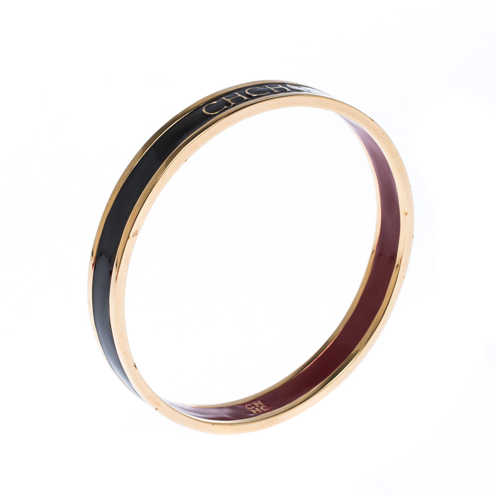 

Carolina Herrera CH Logo Enamel Gold Tone Narrow Bangle Bracelet, Black