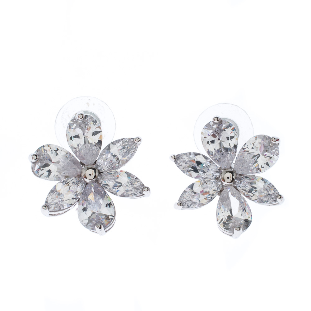 CH Carolina Herrera Crystal Jasmine Collection Silver Tone Stud Earrings