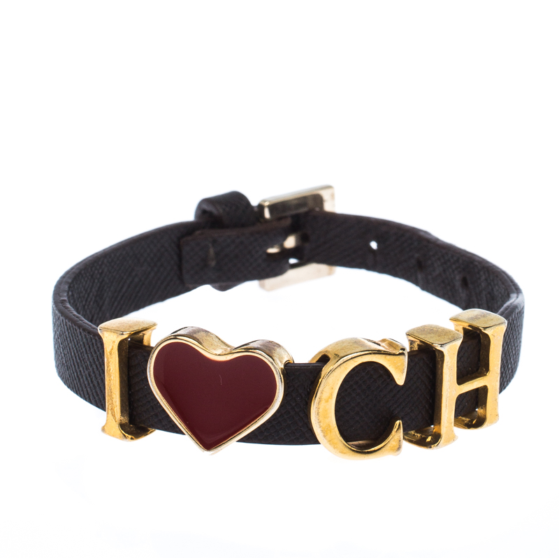 CH Carolina Herrera Brown Leather Gold Tone Heart Logo Charm Bracelet ...