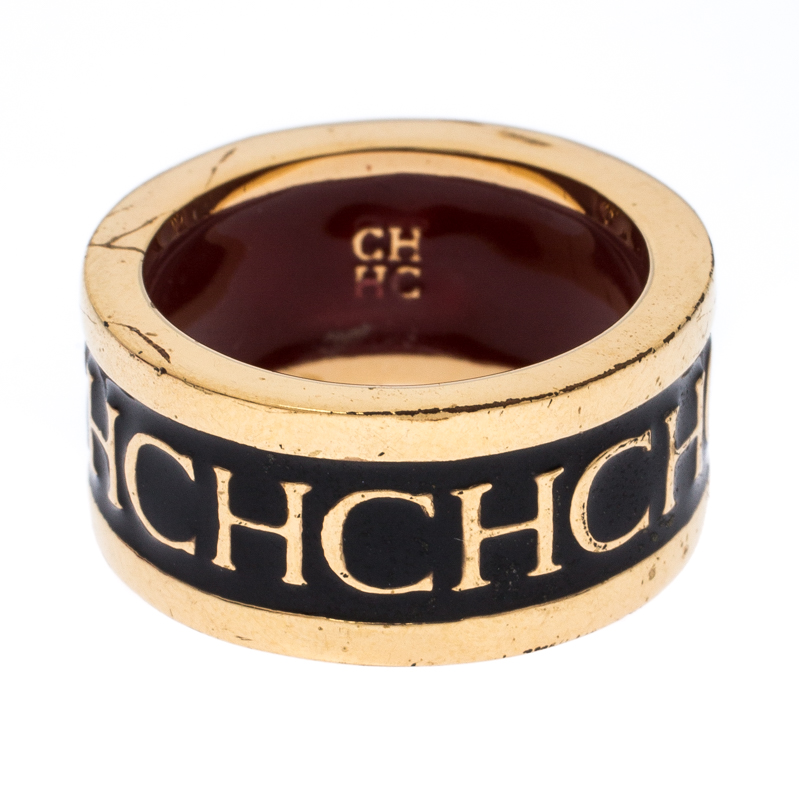 

CH Carolina Herrera Logo Black Enamel Gold Tone Band Ring 56