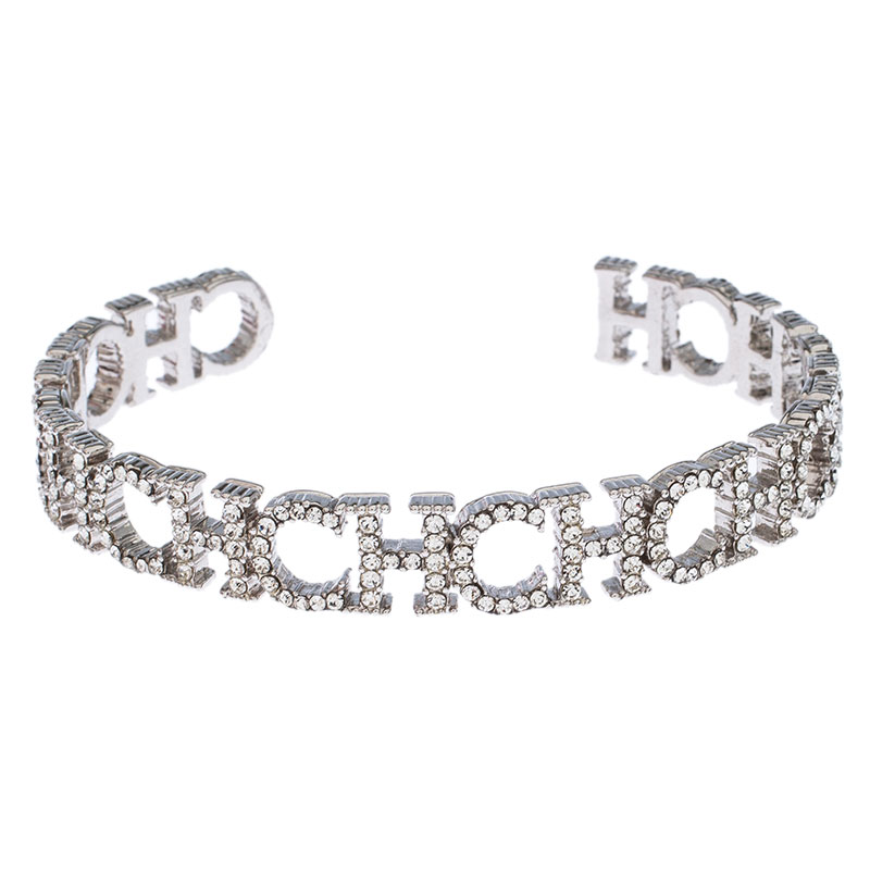 CH Carolina Herrera Crystal Logo Silver Tone Open Cuff Bracelet