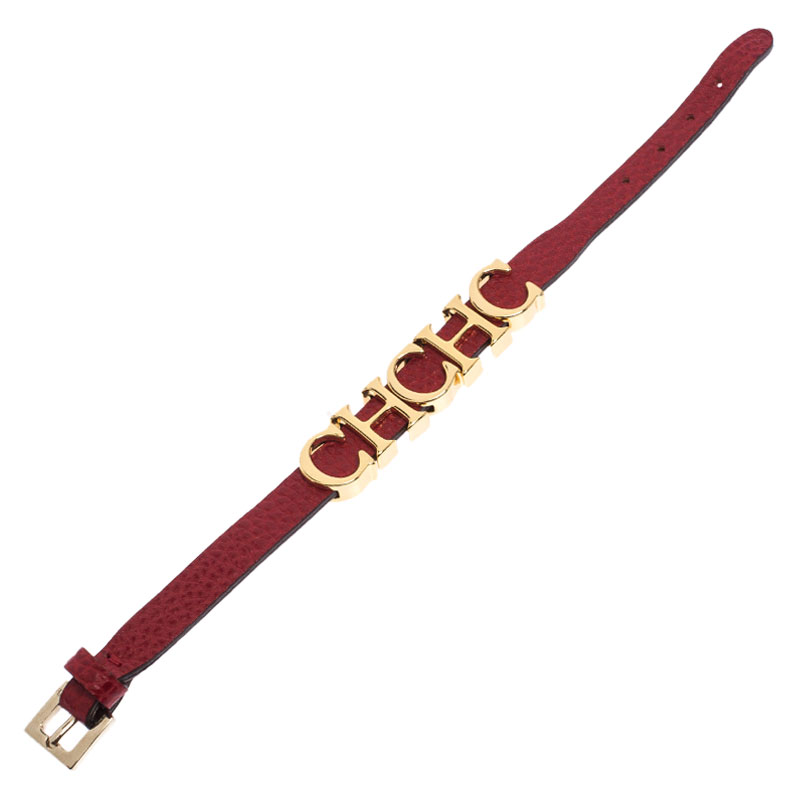 

CH Carolina Herrera Red Leather Gold Tone Logo Charm Bracelet