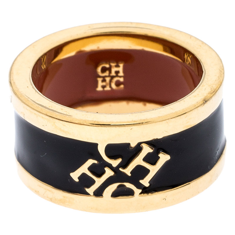 

CH Carolina Herrera Logo Black Enamel Gold Tone Band Ring Size