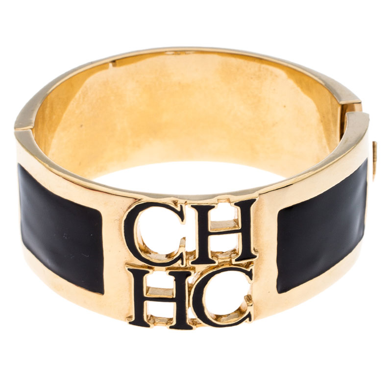 CH Carolina Herrera Logo Black Enamel Gold Tone Bangle