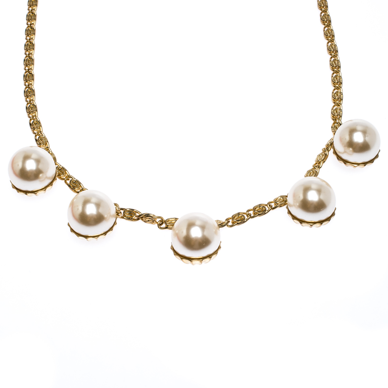 

CH Carolina Herrera Faux Pearl Gold Tone Long Chain Link Necklace