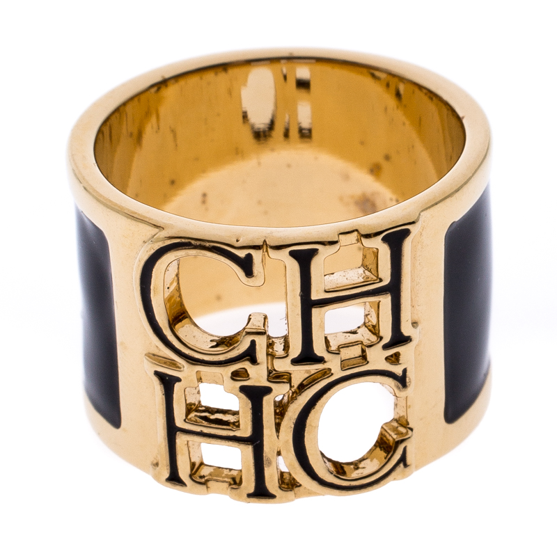 

CH Carolina Herrera Logo Black Enamel Gold Tone Wide Band Ring Size