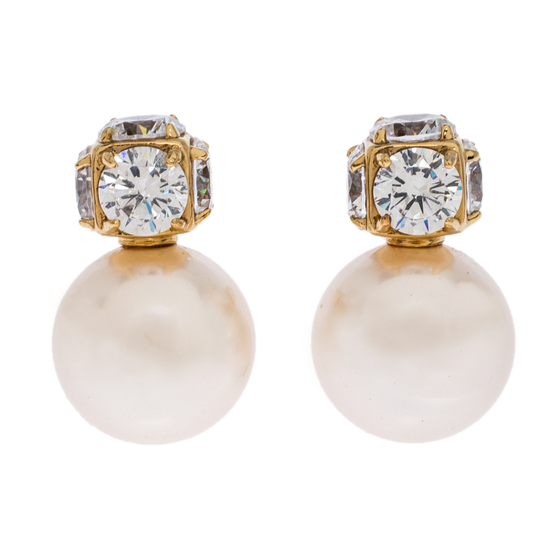 Pre-owned Ch Carolina Herrera Crystal & Faux Pearl Gold Plated Drop Earrings In Cream